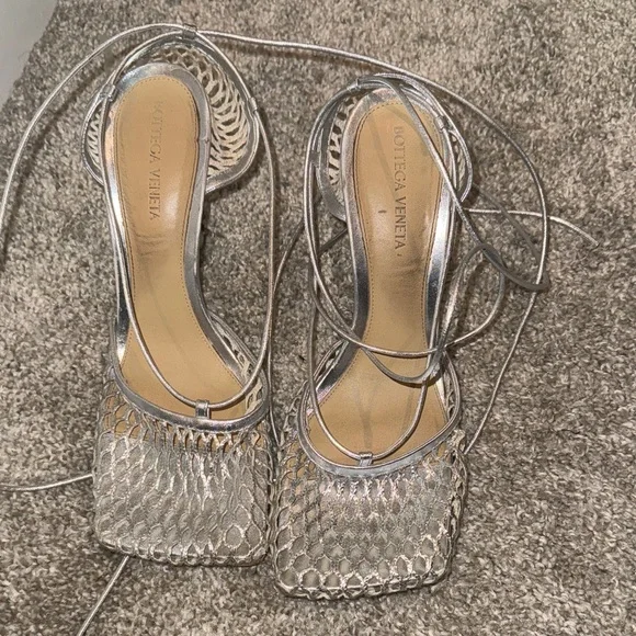 Bottega Veneta Silver Strappy Heels - Picture 1 of 3